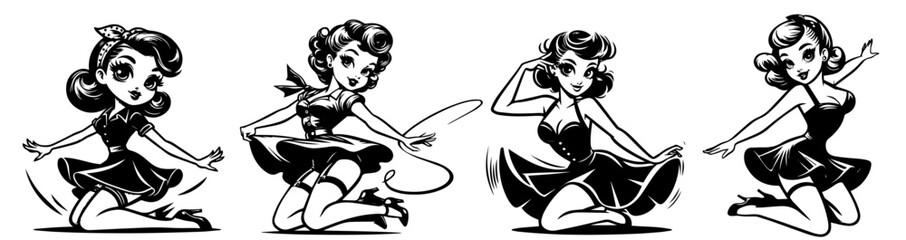 vintage style cartoon girls with classic hairstyles and dresses black vector
