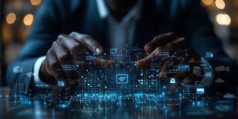 Fototapeta premium African businessman hands touch AI hologram chip and chat bot icons, Generative AI