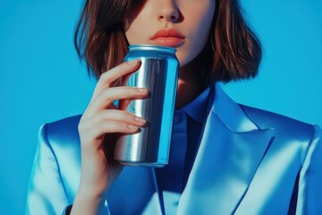35 years old woman holding a metallic soda can; woman in blue sport suite; front view; blue background; shot on 35mm; photorealistic