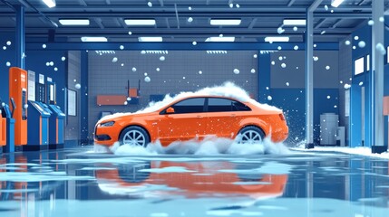 A vibrant orange car being washed in a modern car wash facility.