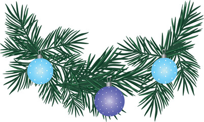 Christmas tree garland isolated on white. Realistic pine tree branches with golden confetti decoration. Vector border for holiday banners, party posters, cards, headers.