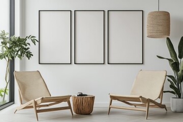 Modern Living Room Interior Design with Vertical Poster Frames and Cosy Armchair