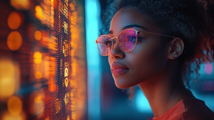 A young woman with curly hair and glasses looks intently at a glowing digital screen, illuminated by colorful light.