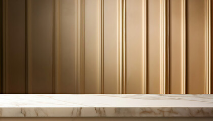 A beige tabletop on classic wall panels background, featuring an empty concrete countertop ideal for showcasing cosmetics and beauty products