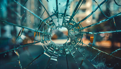 Close-up of a shattered glass window with a large hole in the center, symbolizing the need for glass repair