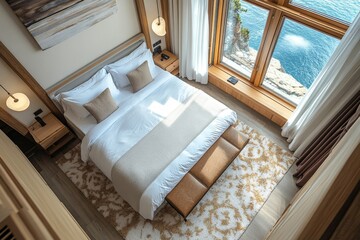 Top view of hotel bedroom interior with bed and bench, panoramic window, Generative AI