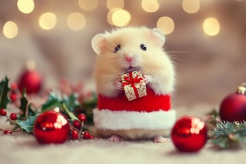 Adorable fluffy hamster wearing a festive Santa hat, holding a small golden gift wrapped with a red ribbon. 