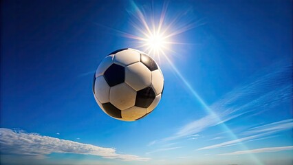 Dynamic Action Shot of a Soccer Ball in Mid-Air Against a Clear Blue Sky During a Game