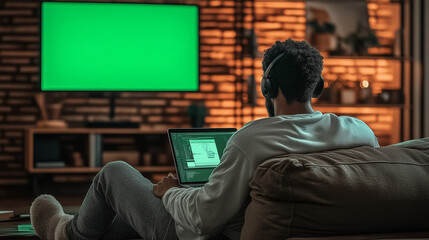 Man Working on Laptop with Green Screen TV in Cozy Living Room