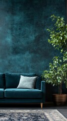 Fototapeta premium Vertical background image of minimal living room interior with cozy velvet couch and armchair, Generative AI