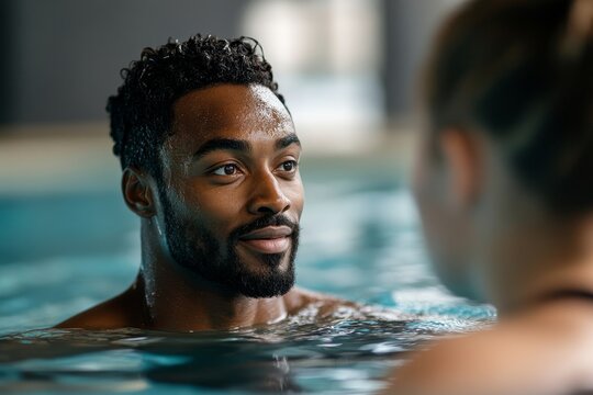 Portrait of handsome African-American fitness coach talking to client in swimming pool, copy space, Generative AI - Powered by Adobe