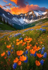 Fototapeta premium vibrant wildflowers blossoming majestic mountain peaks under clear blue sky, alpine, altitude, bank, blooming, botanical, bright, colorful, countryside