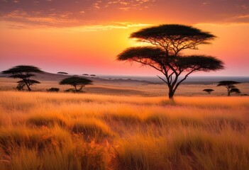 Obraz premium expansive view serene savanna plain golden clear skies vibrant horizon under soft natural light, animals, beauty, biodiversity, birds, buffalo, clouds