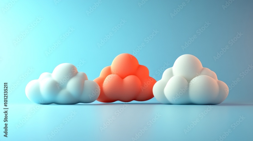 Poster three stylized clouds in soft colors against a gradient background.