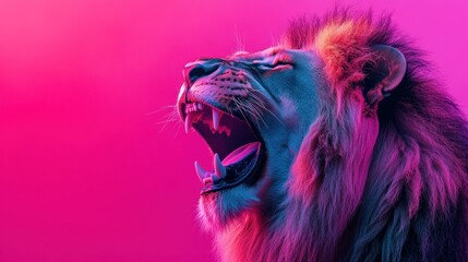 A vibrant, close-up image of a roaring lion against a colorful background.