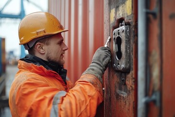 Close up of worker opening hanging lock with key on container door in shipping docks, copy space, Generative AI