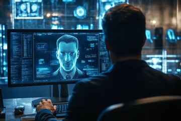Closeup of male detective using computer at workplace and reading suspects personal profile on screen, copy space, Generative AI