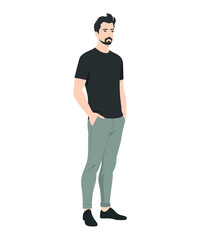 Vector illustration of a man. A simple casual look with a black t-shirt and light olive trousers for comfort.