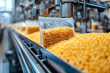Close up of production process at modern food factory, focus on macaroni bag ready for packaging sliding down assembly line, copy space, Generative AI