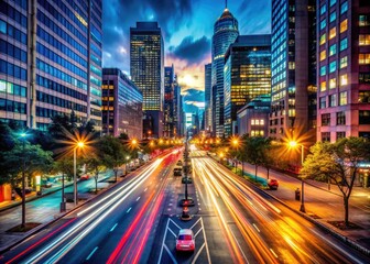 Dynamic Cityscape at Night with Blurred Motion of Cars Creating a Vibrant Urban Atmosphere