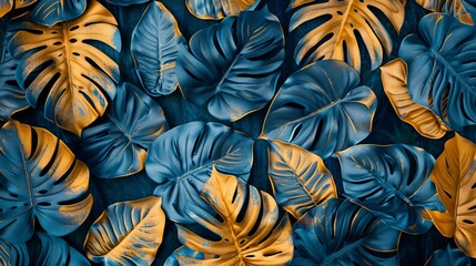 Gilded Botanical Elegance Topdown View of Lush Leaf Pattern in Vibrant Blue and Gold Tones Nature's Intricate Beauty Captured in Stunning Detail
