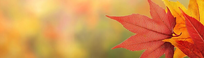 Vibrant autumn leaves in shades of red and orange against a soft blurred background, 3D Illustration