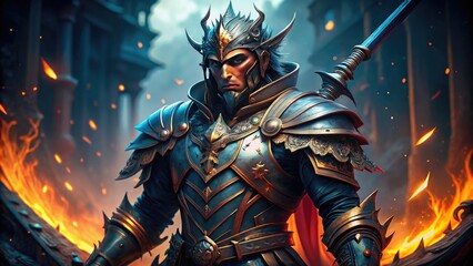 Dynamic fantasy gaming character with vibrant armor, wielding a powerful weapon in an epic setting