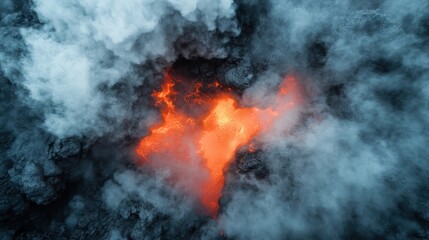 Bright, molten lava glows vividly amidst billowing, dense white smoke, conveying the awesome power and formidable presence of an active volcanic eruption.