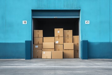 Background image of cardboard boxes stacked by open door of self storage unit, copy space, Generative AI