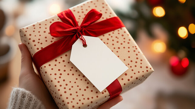Regalo di Natale con sfondo natalizio. Caminetto e fuoco. Fiocco rosso e bigliettino bianco con spazio per testo o messaggio.