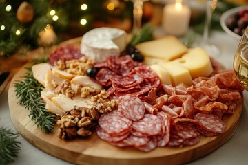 Close up of charcuterie board with meats and cheeses on festive dinner table for, copy space, Generative AI