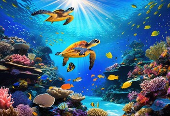 Obraz premium stunning underwater scene vibrant coral colorful fascinating sea lively marine plants dreamy aquatic environment, ocean, reef, tropical, fish, turtle, nature