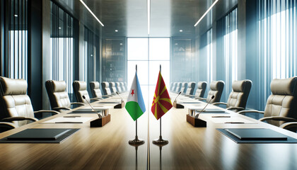 A modern conference room with Djibouti and Republic of Macedonia flags on a long table, symbolizing a bilateral meeting or diplomatic discussions between the two nations.