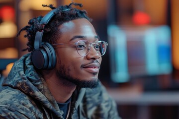 Obraz premium Young African American male interviewer in glasses and headphones asking unrecognizable guest questions while recording podcast in studio, Generative AI