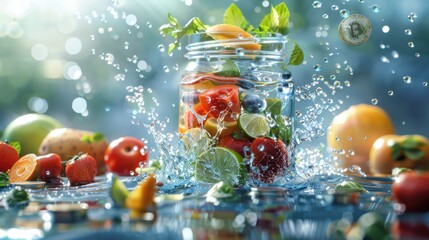 Fresh fruit and herb infusion with splash effect in summer