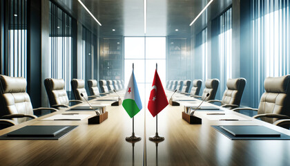 A modern conference room with Djibouti and Turkey flags on a long table, symbolizing a bilateral meeting or diplomatic discussions between the two nations.