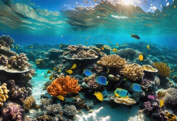 detailed visuals vibrant coral reef showcasing unique sea life including colorful fish marine flora, aquatic, biodiversity, colors, creatures, diving