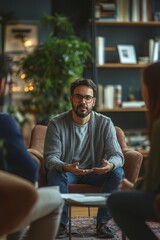 Vertical image of group of people talking to psychologist at session in the room, Generative AI