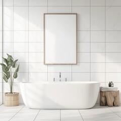 Fototapeta premium Minimalist Loft Bathroom Interior with Bright White Walls and Copy Space