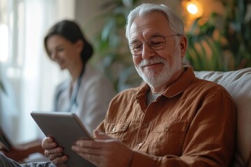 Obraz premium Portrait of white haired senior man in wheelchair smiling at camera indoors with young female nurse assisting, copy space, Generative AI