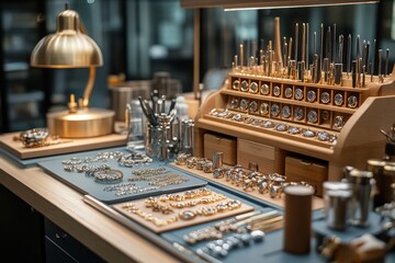 A workbench with tools and materials for jewelry making.