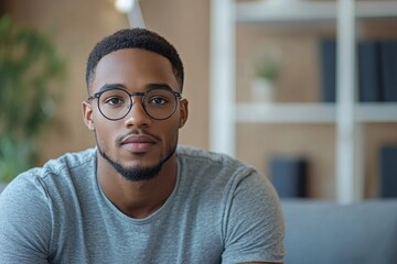 Young mixed-race man wearing eyeglasses sitting on cozy sofa and discussing faced problem with highly professional psychologist during therapy session, Generative AI