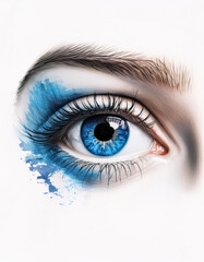 Oko kobiety z niebieską tęcz&oacute;wką na białym tle w stylu akwareli. Generative AI