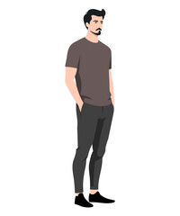 Vector illustration of a man wearing an olive t-shirt and tight black pants, creating a stylish and minimalist look. And simply give an onion