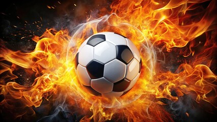 Naklejka premium Dynamic Soccer Ball Surrounded by Flames Representing Passion and Energy in Sports and Competition