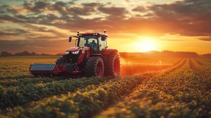 Fototapeta premium A red tractor drives through a field at sunset.