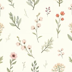 Soft floral pattern featuring various delicate flowers and leaves on a light cream background