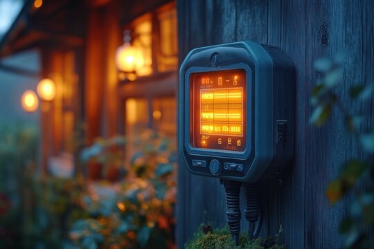 A digital timer for an outdoor lighting system mounted on a wooden wall at dusk. - Powered by Adobe