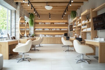 Interior of modern nail salon, empty manicure workplace with nail tech stations, copy space, Generative AI