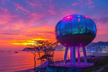 A city view with a large glass dome on top of a building, generative ai image